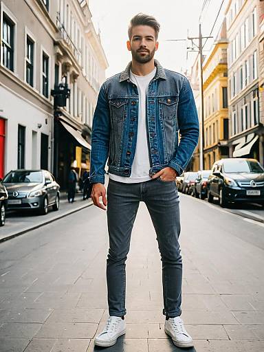 Man in Denim Jacket and Grey Jeans Urban Outfit