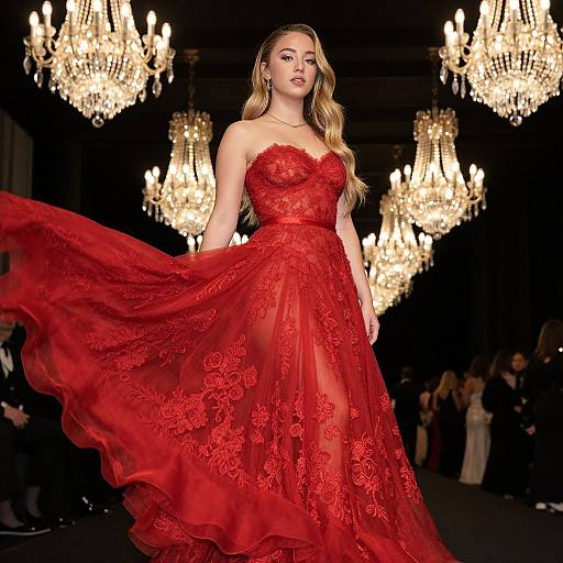 Elegant Woman in Red Lace Gown on Fashion Runway