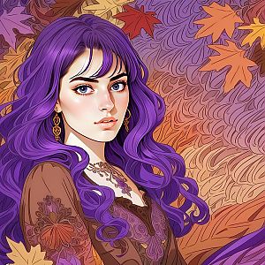 Woman with Purple Hair Among Autumn Leaves