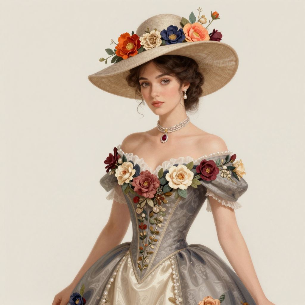 Vintage Floral Embroidered Gown with Elegant Wide-Brimmed Flower Hat