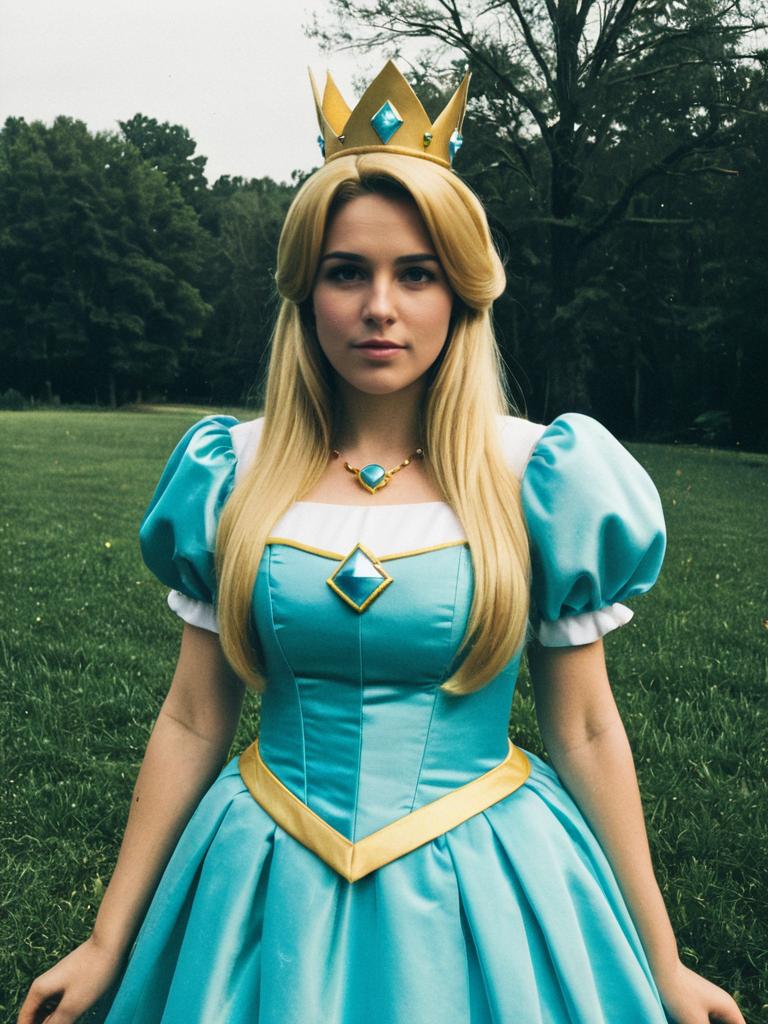 Princess Rosalina Costume Woman in Blue Dress and Crown Outdoors