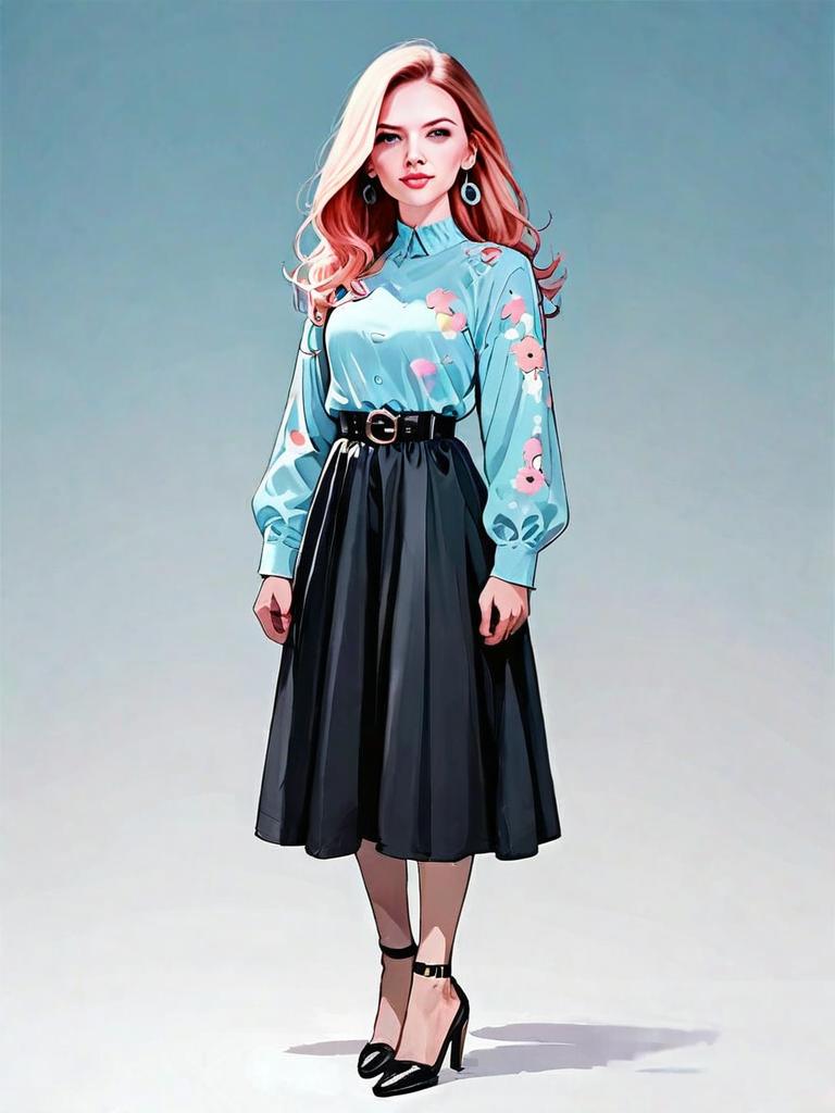 Full Body Digital Illustration of Woman in Floral Blouse and Black Skirt