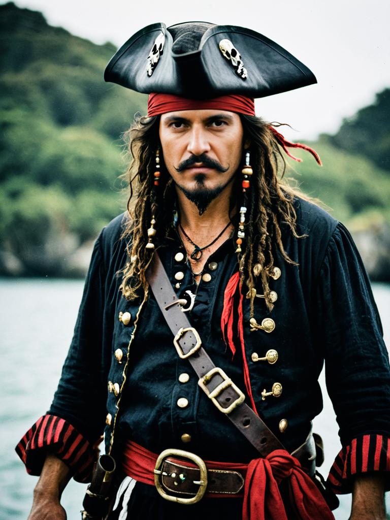 Man in Classic Pirate Costume with Tricorn Hat and Beaded Braids