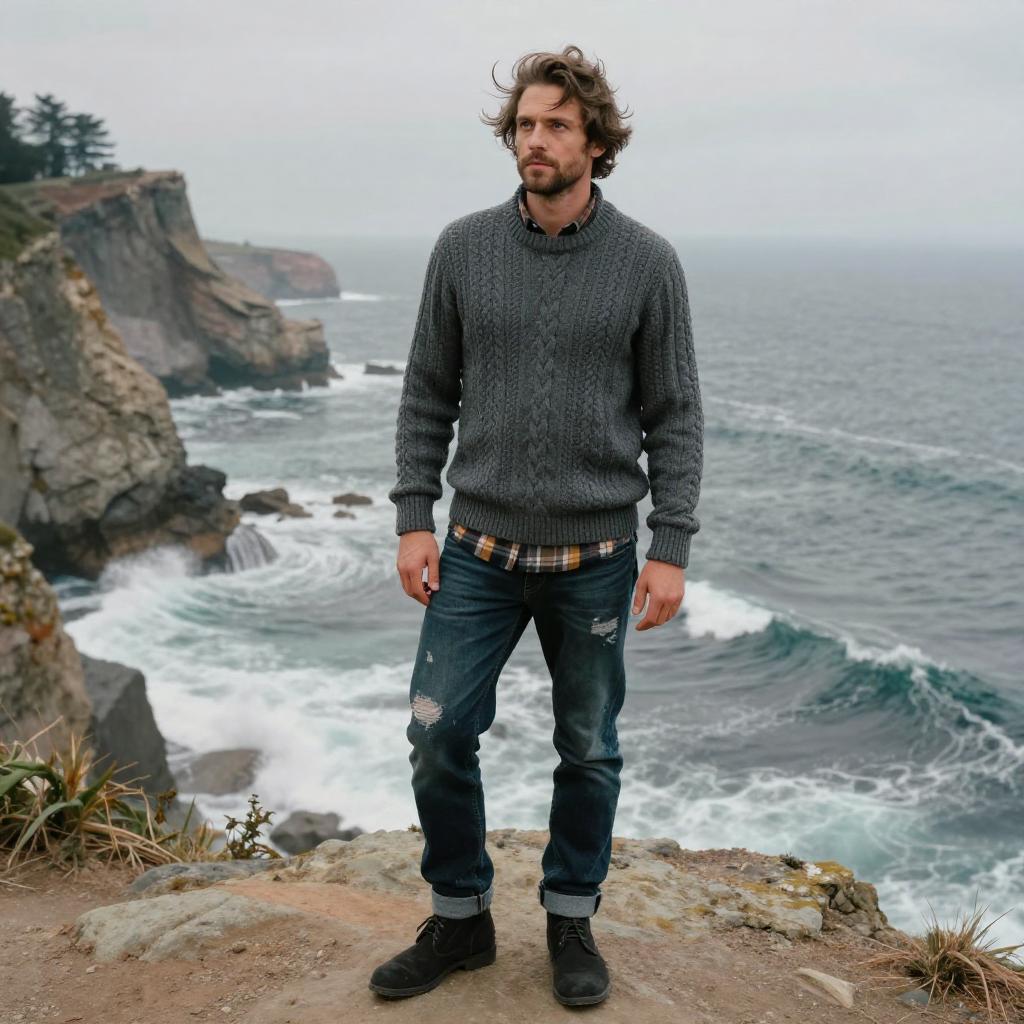 Man in Charcoal Gray Cable Knit Sweater and Distressed Dark Indigo Jeans by the Ocean