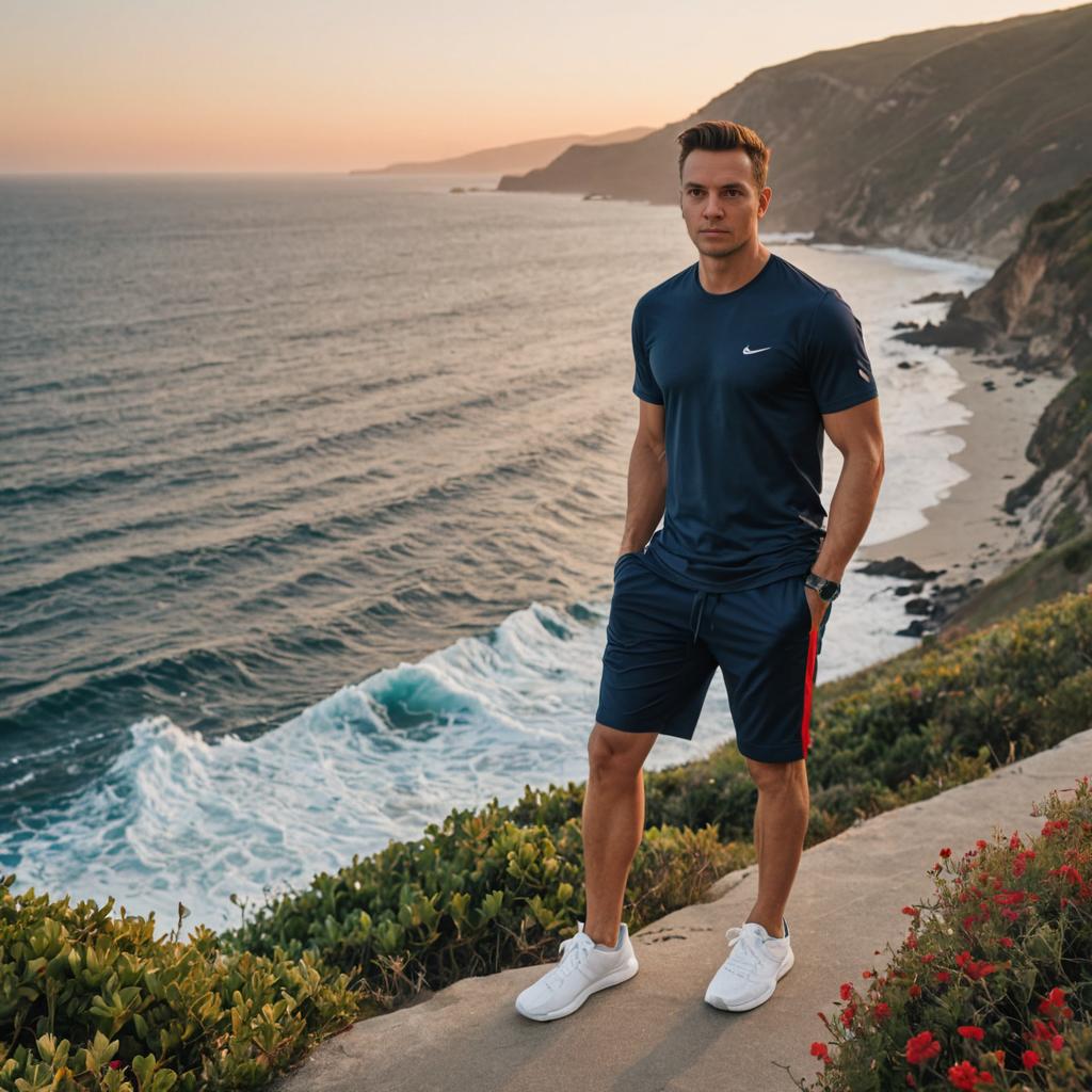 Man on Coastal Cliff at Sunset in Athletic Wear