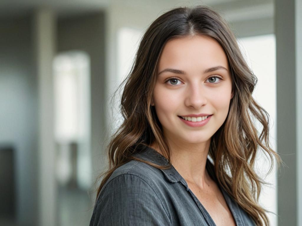 Smiling Woman in Grey Button-Up Shirt