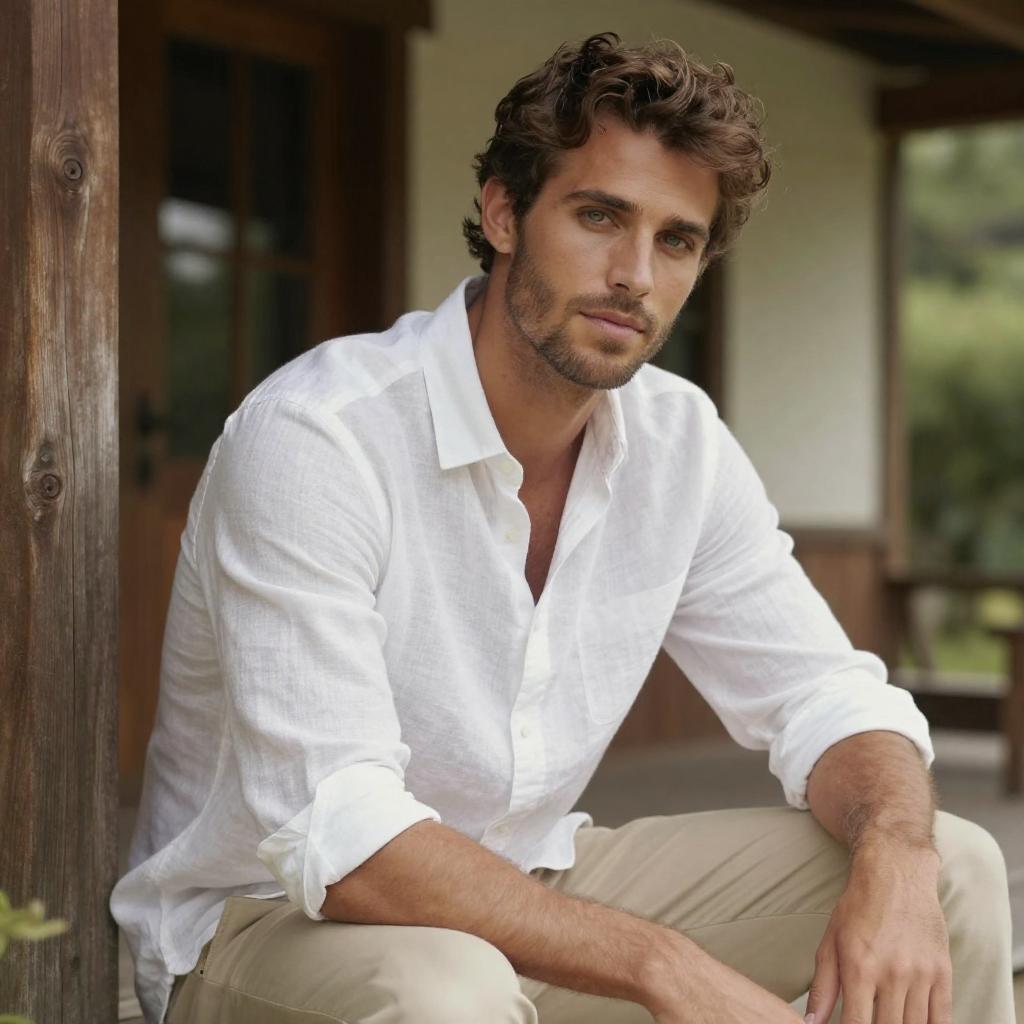Portrait of Man in White Linen Shirt Sitting Outdoors Casual Style