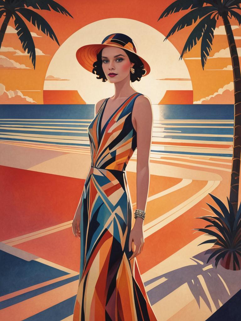 Vintage Art Deco Woman at Tropical Sunset