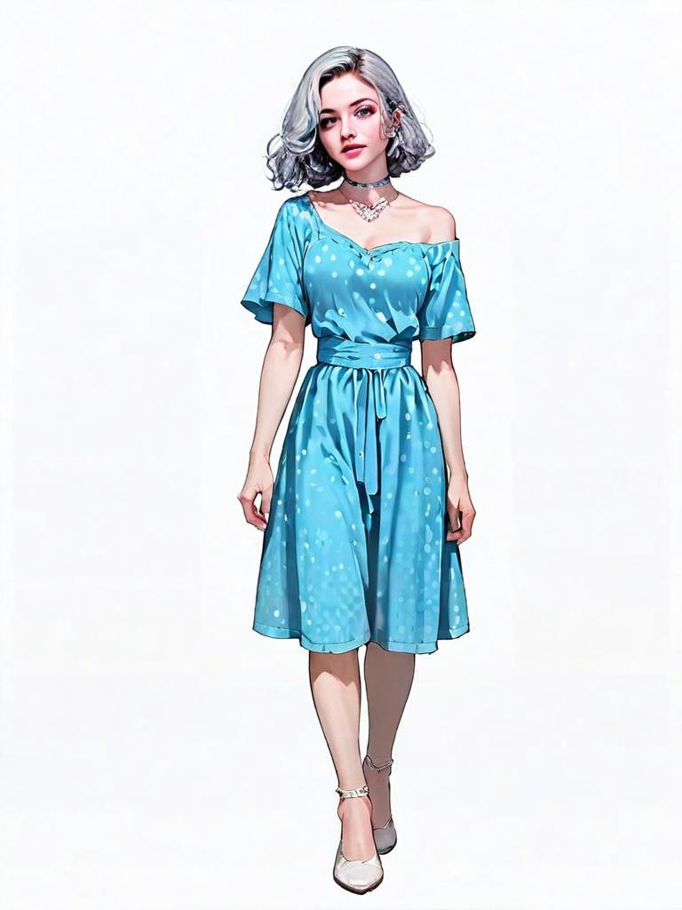 Realistic Digital Illustration of Woman in Blue Polka-Dot Dress Full Body