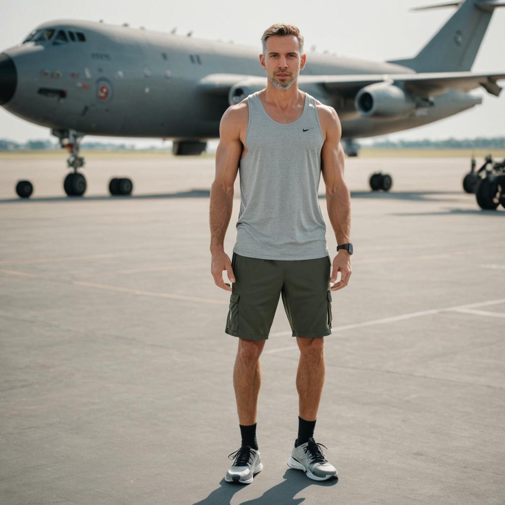 Confident man in sportswear by military transport aircraft