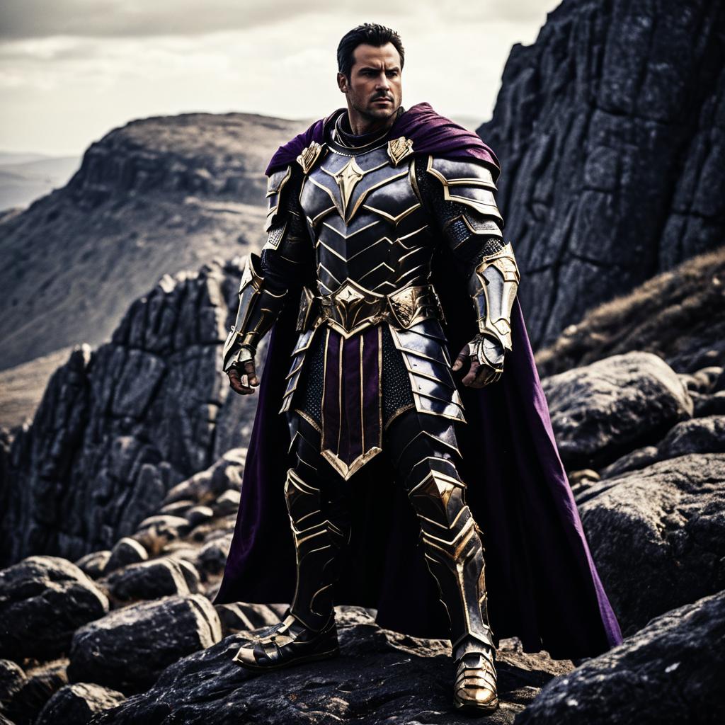 Fantasy Warrior Man in Detailed Armor with Purple Cape on Rocky Landscape