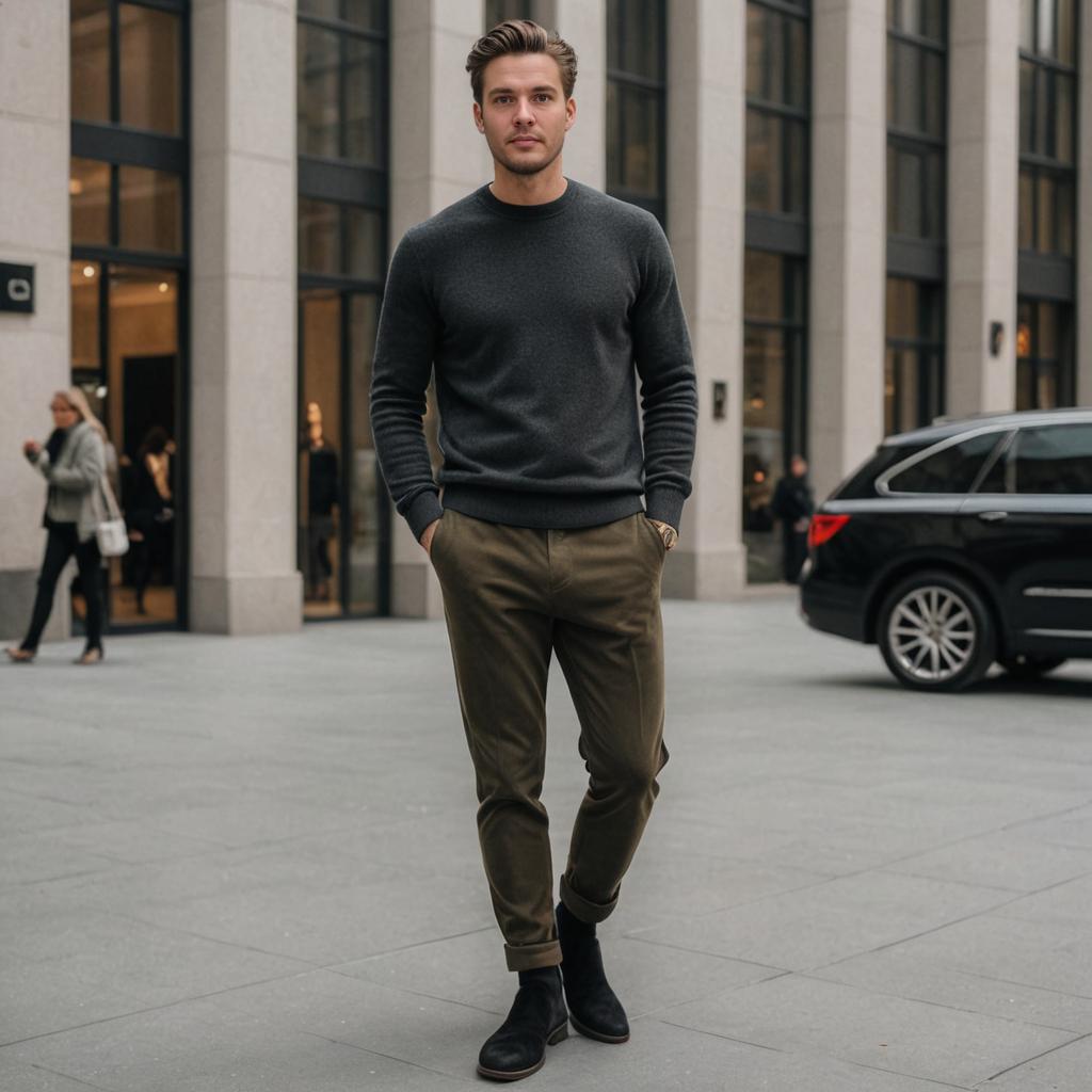 Confident Man in Stylish Dark Outfit on Urban Street