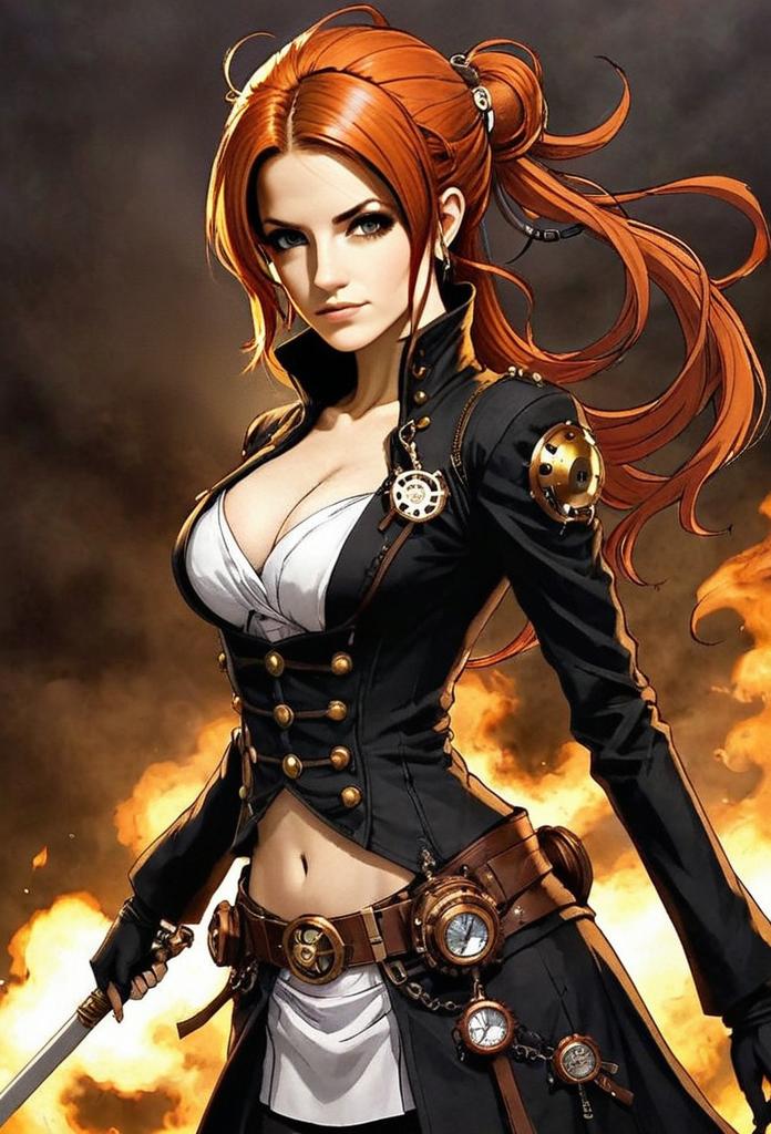 Steampunk Woman with Red Hair in Detailed Outfit Holding Sword Digital Art