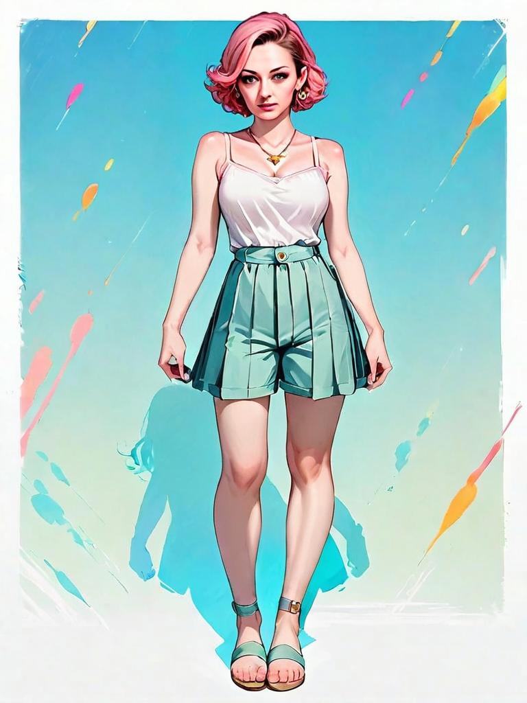 Realistic Comic Style Illustration of Woman with Pink Hair in Casual Outfit