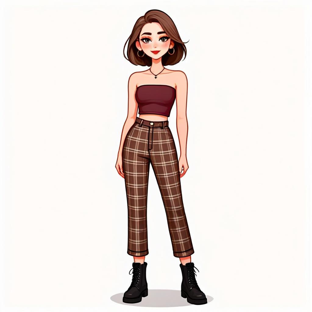 Stylish Woman in Casual Streetwear with Plaid Pants and Burgundy Tube Top