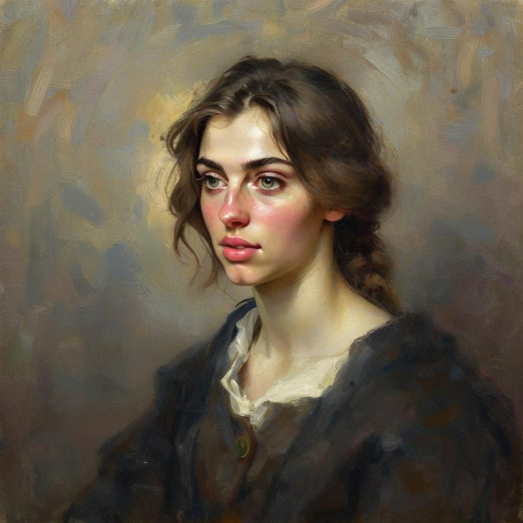 Classical Oil Portrait of Young Woman with Rosy Cheeks and Soft Lighting
