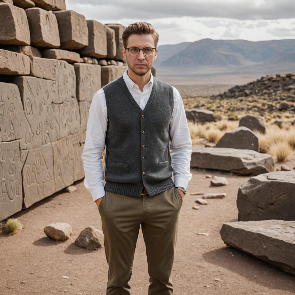 Stylish Man in Smart Casual Outfit with Ancient Carvings