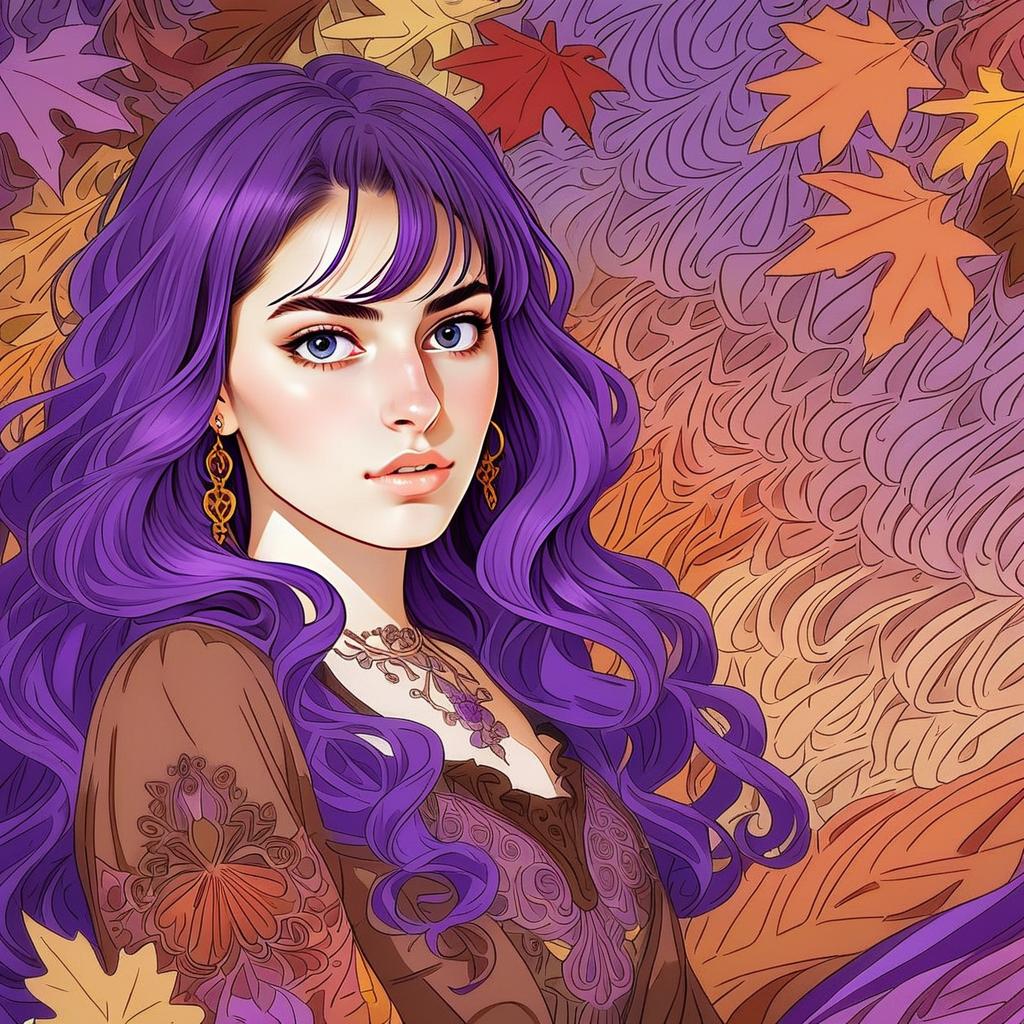 Woman with Purple Hair Among Autumn Leaves Woman with Purple Hair Among Autumn Leaves