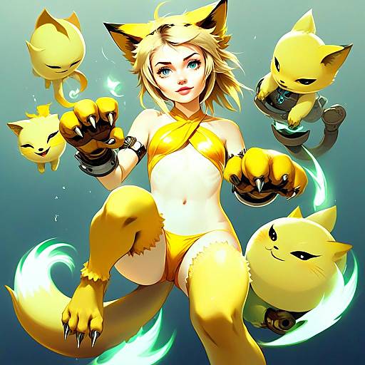 Moonlight Fox Woman with Yellow Cat Spirits Digital Artwork