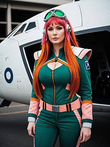 Woman in Futuristic Cosplay Pilot Uniform with Vibrant Hair Standing by Aircraft