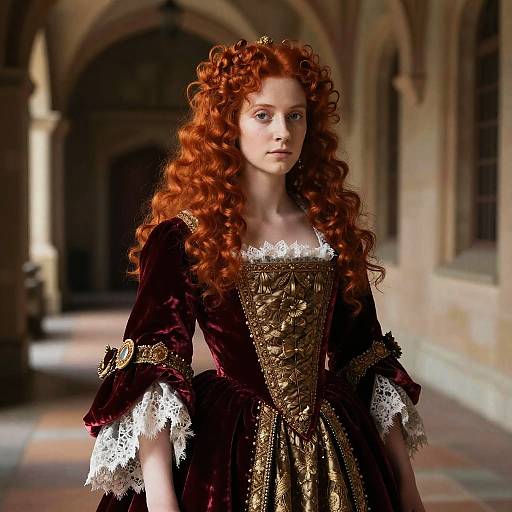 Young Woman in Renaissance Style Velvet Gown with Red Curly Hair