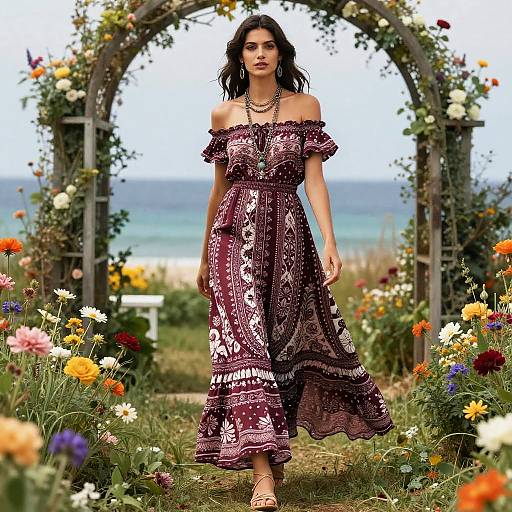 Boho Chic Off-the-Shoulder Ruffle Maxi Dress with Floral Pattern on Woman in Garden