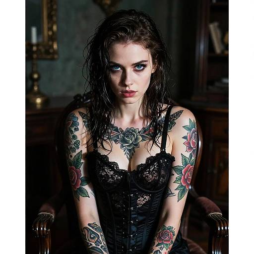 Edgy Woman with Floral Tattoos in Black Lace Corset Sitting Vintage