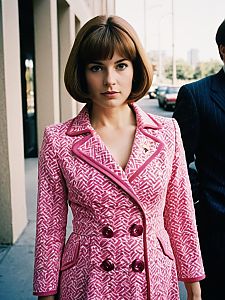 Woman in Austin Powers Pink Dress Costume Photorealistic Editorial