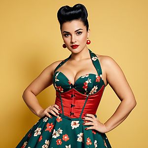 Vintage Pin-Up Woman in Floral Dress with Red Corset
