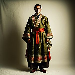 Man in Traditional Ceremonial Robe with Red Sash