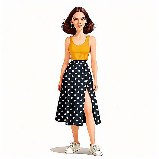 Confident Woman in Casual Chic Polka Dot Skirt and Yellow Tank Top