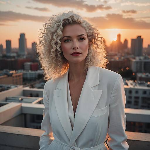 Confident Woman in White Blazer on Rooftop at Sunset Cityscape