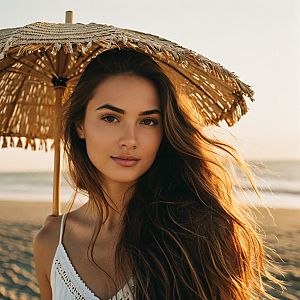 Young woman on beach with straw parasol at golden hour