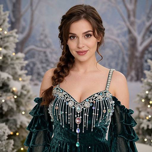 Elegant Woman in Embellished Velvet Dress Amid Winter Holiday Setting