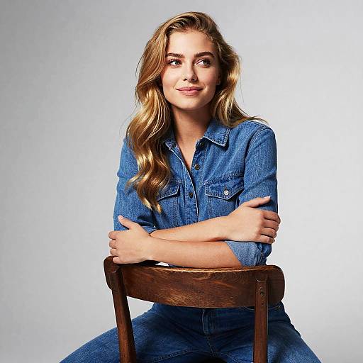 Confident Young Woman in Denim Sitting on Wooden Chair Studio Portrait