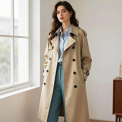 Young Woman in Beige Trench Coat and Modern Casual Outfit