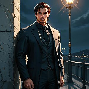 Stylish man in dark suit by cracked wall at night
