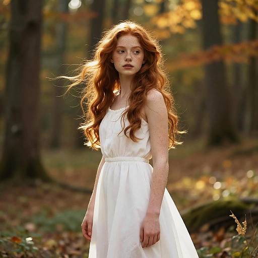 Red-Haired Woman in White Dress Portrait in Autumn Forest