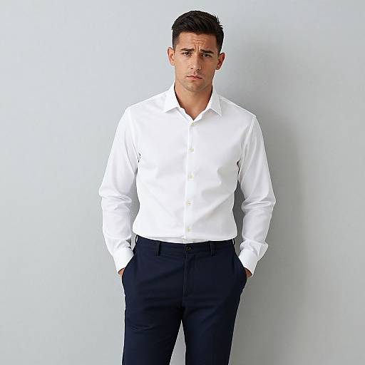 Young Man Wearing White Shirt and Navy Blue Trousers Against Gray Background