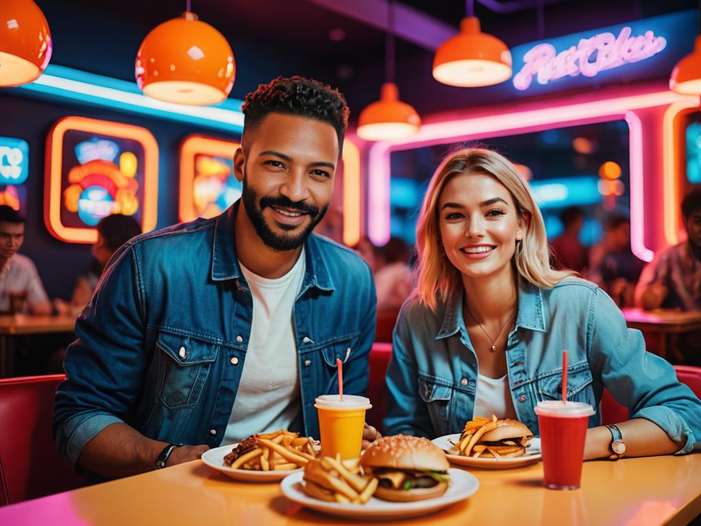 Smiling Couple Enjoys Fast Food in Neon Restaurant