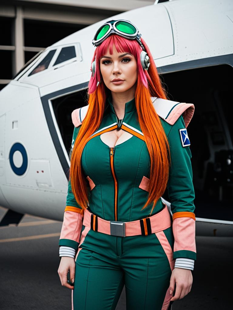 Woman in Futuristic Cosplay Pilot Uniform with Vibrant Hair Standing by Aircraft