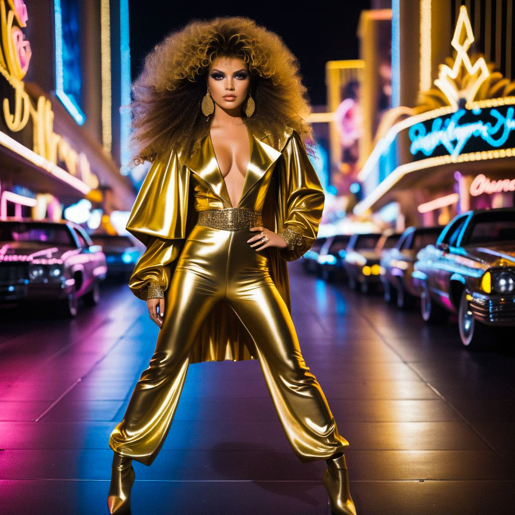 Confident Woman in Glamorous Golden Outfit with Neon Urban Backdrop