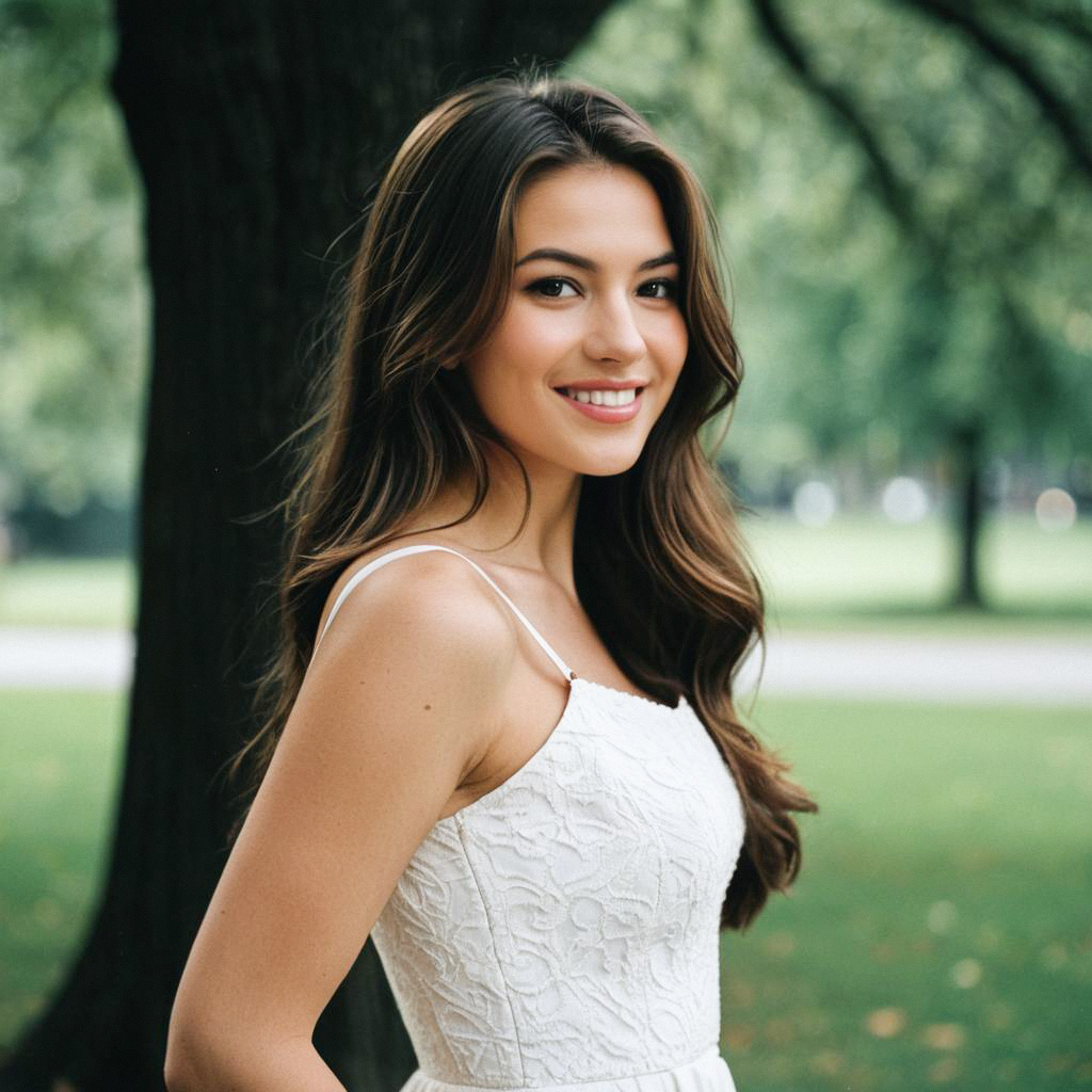 Young Woman in White Lace Dress Smiling in Park