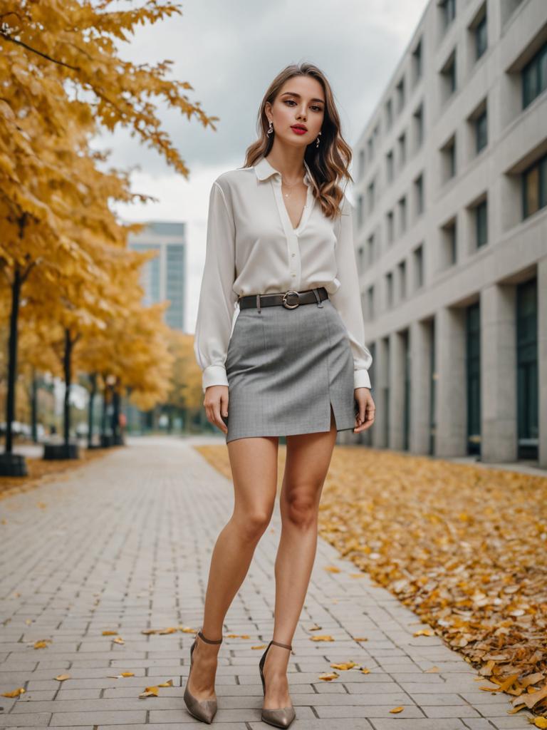 Confident Woman in Gray Skirt and White Blouse on Autumn Street