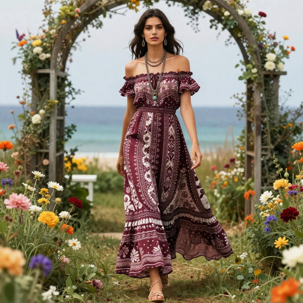 Boho Chic Off-the-Shoulder Ruffle Maxi Dress with Floral Pattern on Woman in Garden