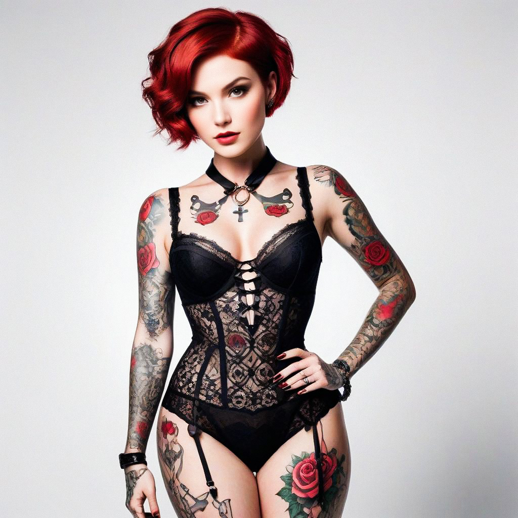 Confident Woman in Black Lingerie with Red Hair and Tattoos