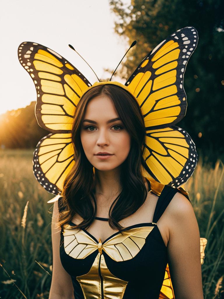 Woman in Yellow Butterfly Costume Outdoor Golden Hour Cosplay Portrait