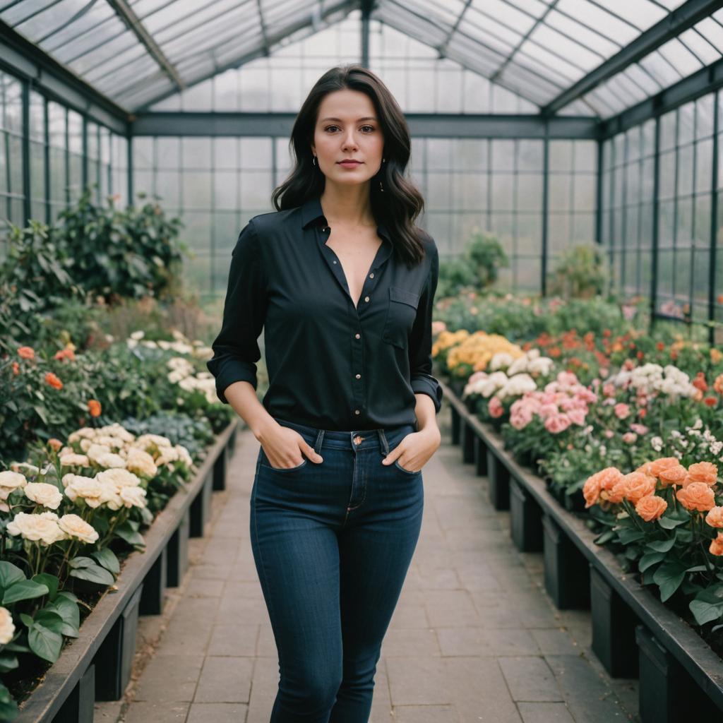 Confident Woman in Greenhouse with Flowers