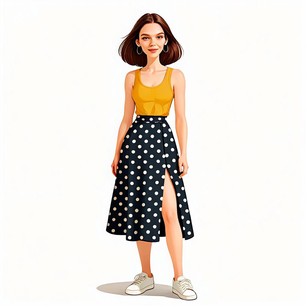 Confident Woman in Casual Chic Polka Dot Skirt and Yellow Tank Top