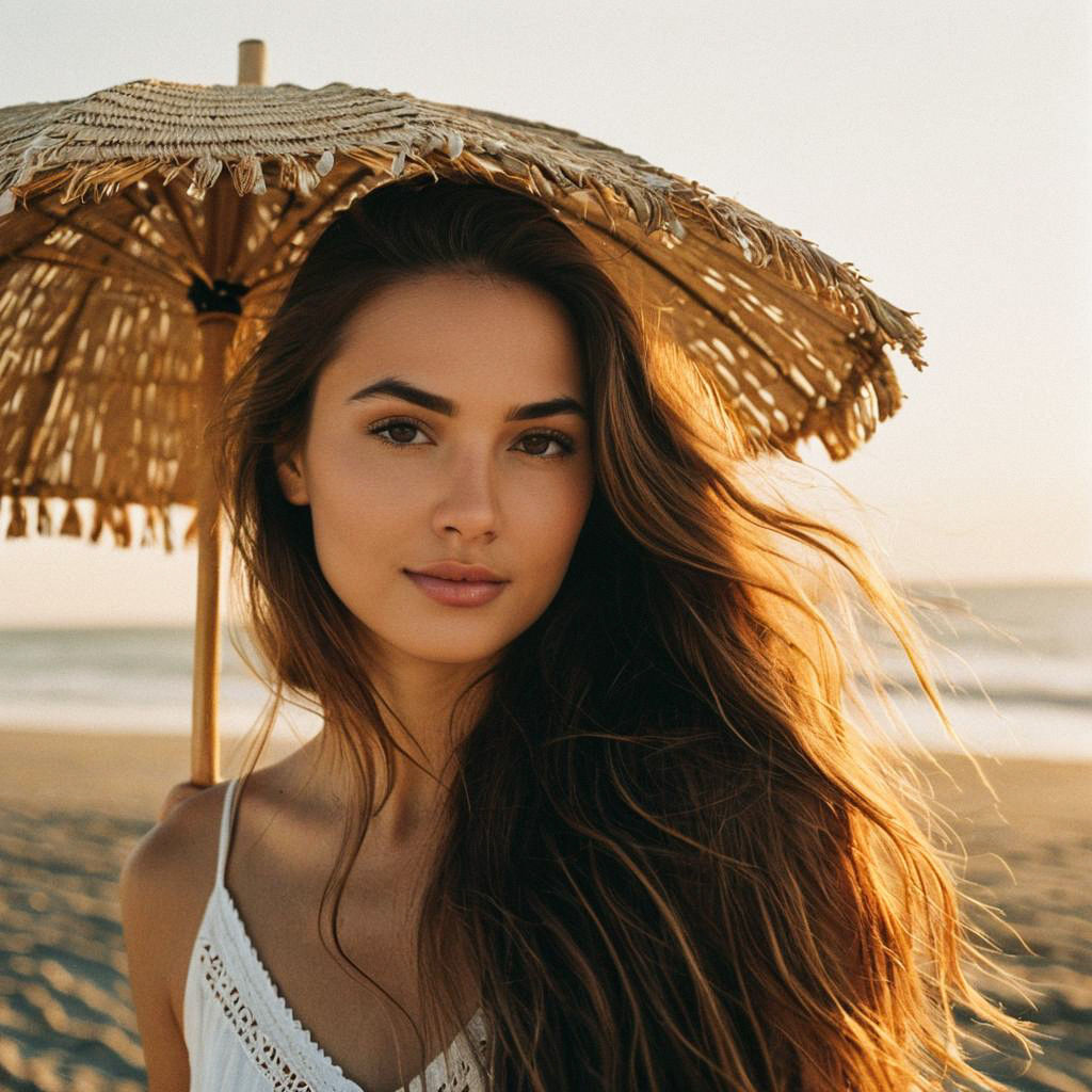 Young woman on beach with straw parasol at golden hour